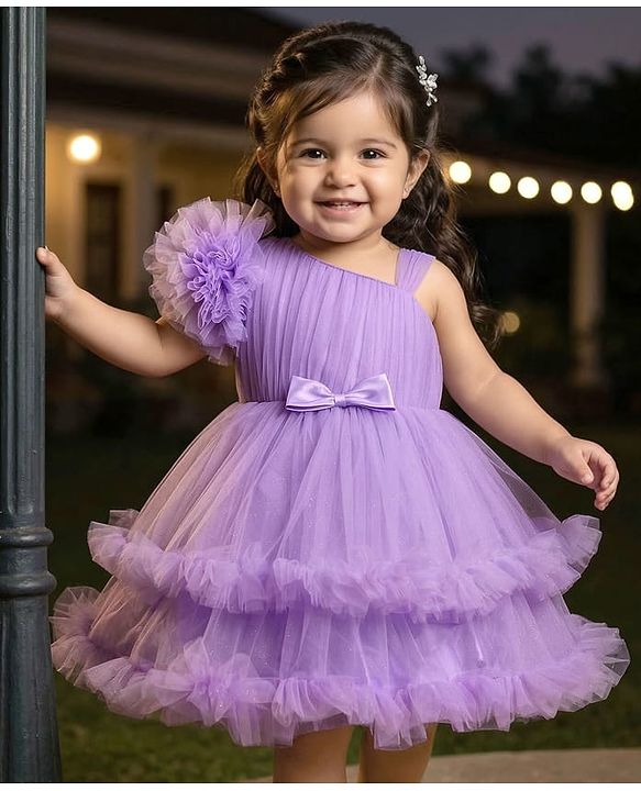 Babyhug Woven Sleeveless Fit & Flared Solid Mesh Party Dress with Bow Applique & Ruffles - Lavender