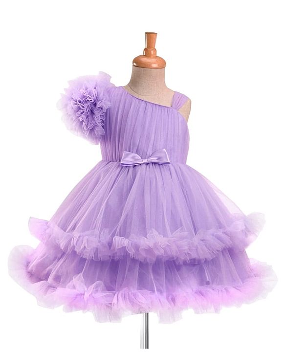 Babyhug Woven Sleeveless Fit & Flared Solid Mesh Party Dress with Bow Applique & Ruffles - Lavender