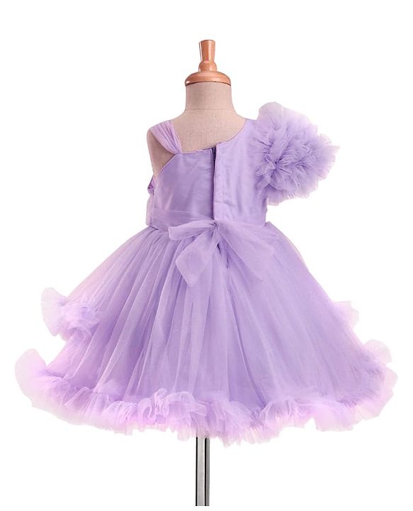 Babyhug Woven Sleeveless Fit & Flared Solid Mesh Party Dress with Bow Applique & Ruffles - Lavender