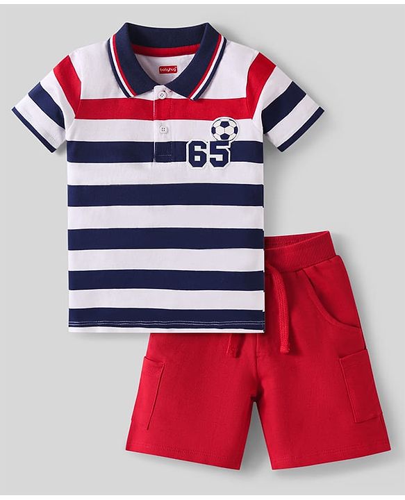 Babyhug Single Jersey Knit Half Sleeves Striped Polo T-Shirt & Shorts Set With Football Patch - Multicolor & Red