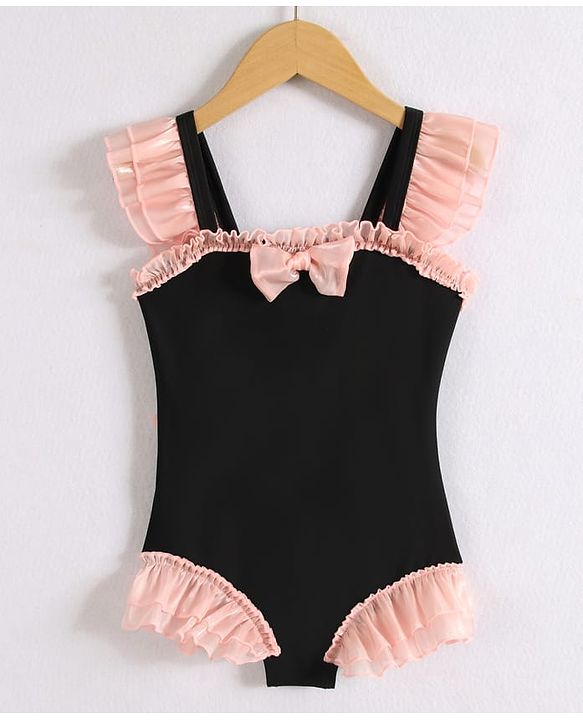Babyhug Sleeveless V Cut Swimsuit with Frill & Bow Detailing - Black