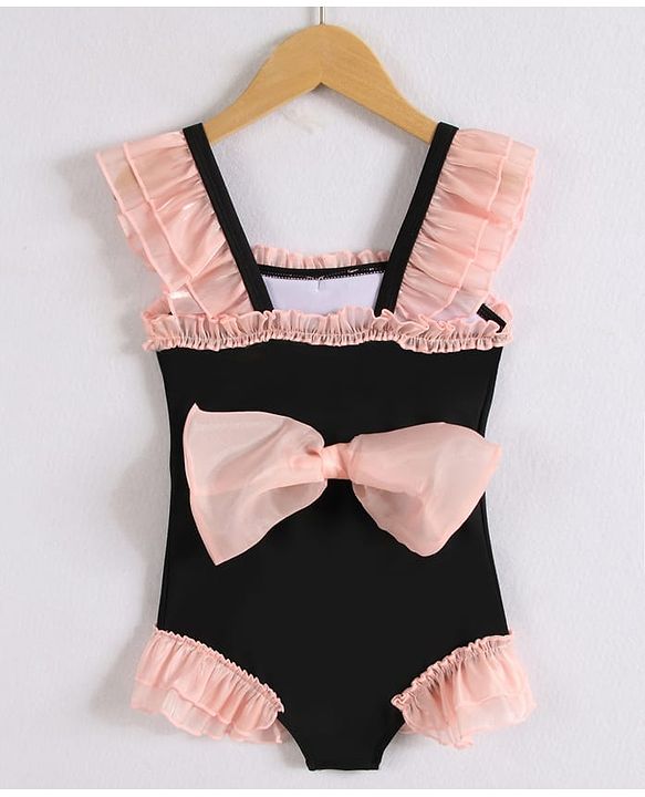 Babyhug Sleeveless V Cut Swimsuit with Frill & Bow Detailing - Black