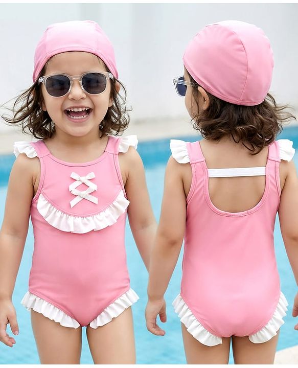 Babyhug Sleeveless  V Cut Swimsuit with Frill Detailing & Cap - Pink