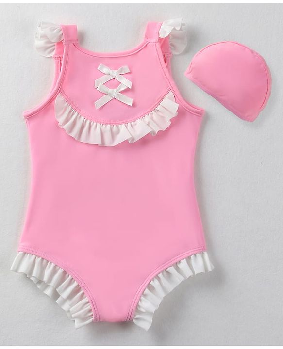 Babyhug Sleeveless  V Cut Swimsuit with Frill Detailing & Cap - Pink