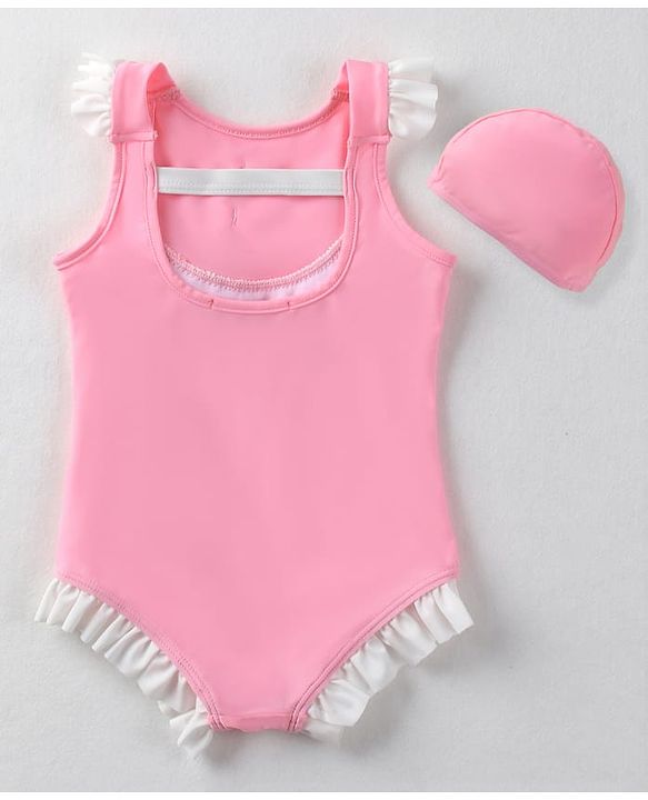Babyhug Sleeveless  V Cut Swimsuit with Frill Detailing & Cap - Pink