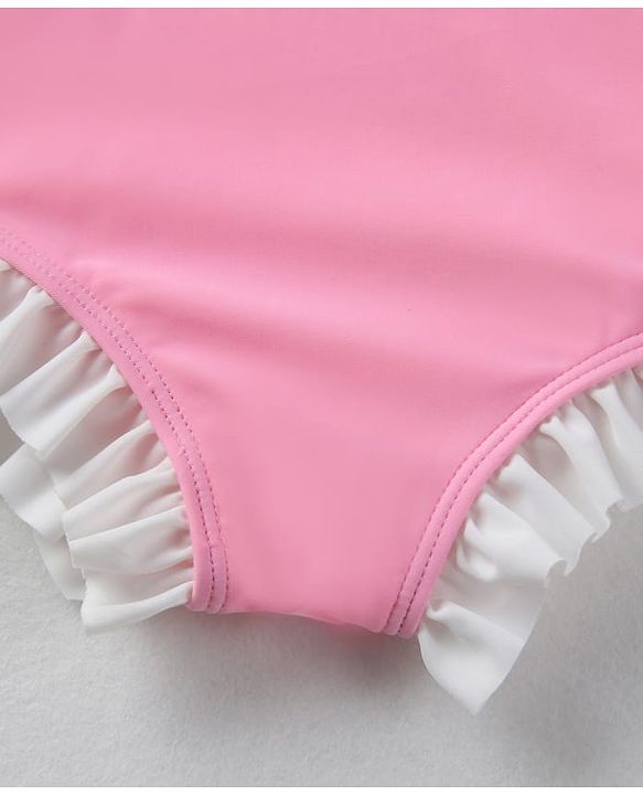 Babyhug Sleeveless  V Cut Swimsuit with Frill Detailing & Cap - Pink