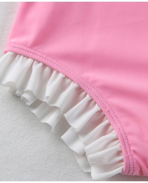 Babyhug Sleeveless  V Cut Swimsuit with Frill Detailing & Cap - Pink