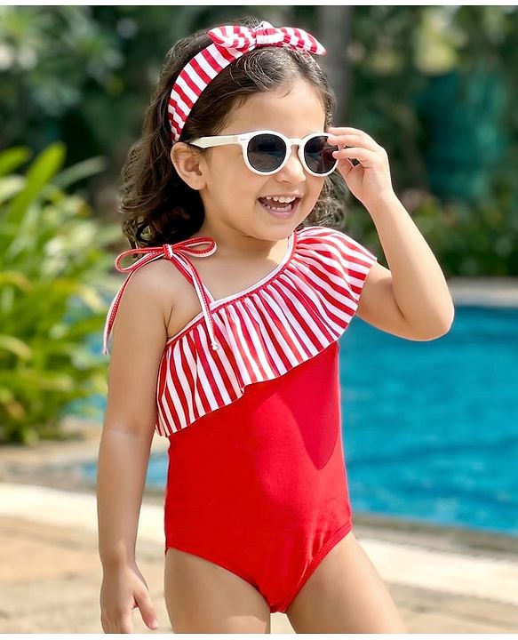 Babyhug Sleeveless V Cut Striped Swimsuit with Headband - Red