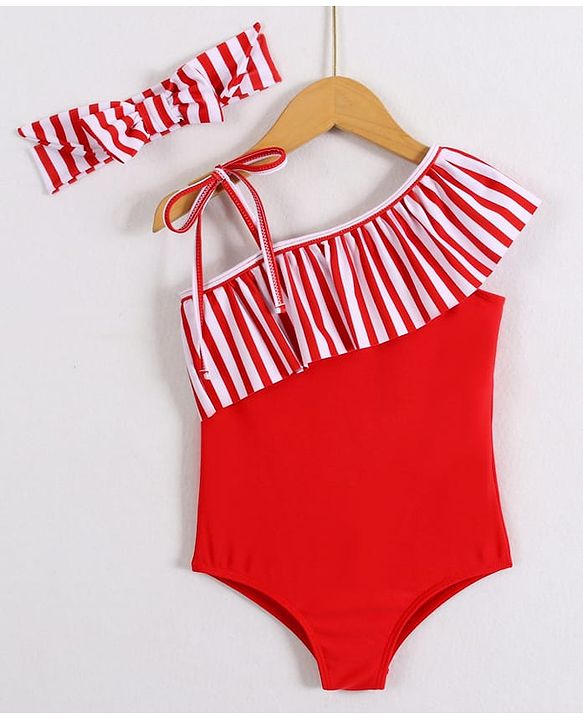 Babyhug Sleeveless V Cut Striped Swimsuit with Headband - Red