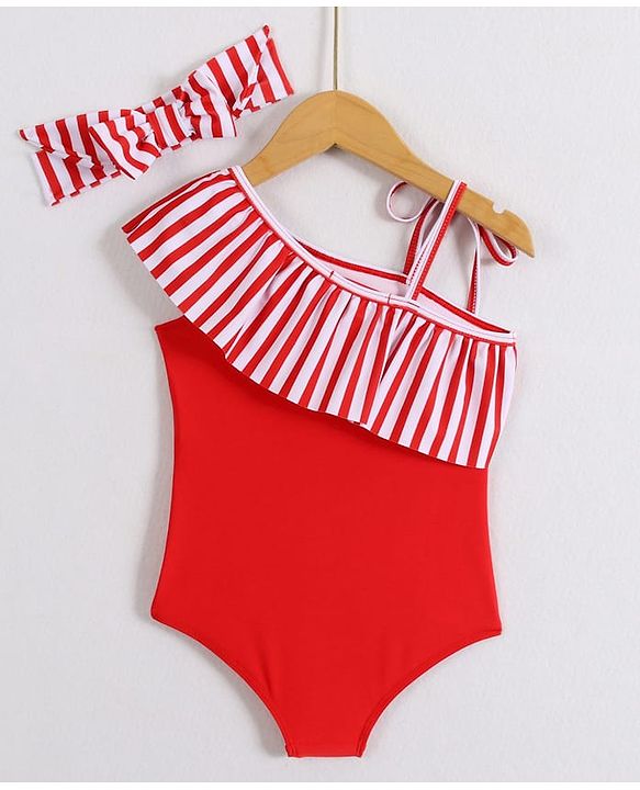 Babyhug Sleeveless V Cut Striped Swimsuit with Headband - Red