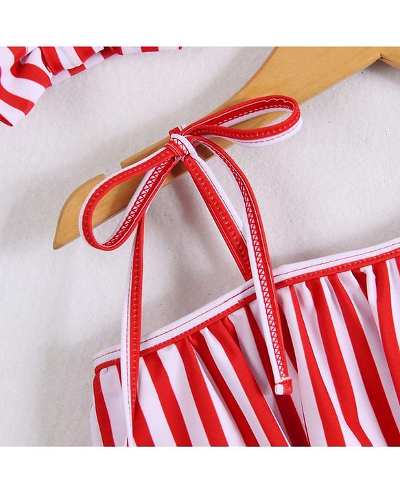Babyhug Sleeveless V Cut Striped Swimsuit with Headband - Red