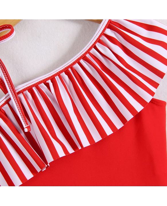 Babyhug Sleeveless V Cut Striped Swimsuit with Headband - Red