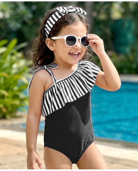 Babyhug Sleeveless V Cut Striped Swimsuit with Headband - Black