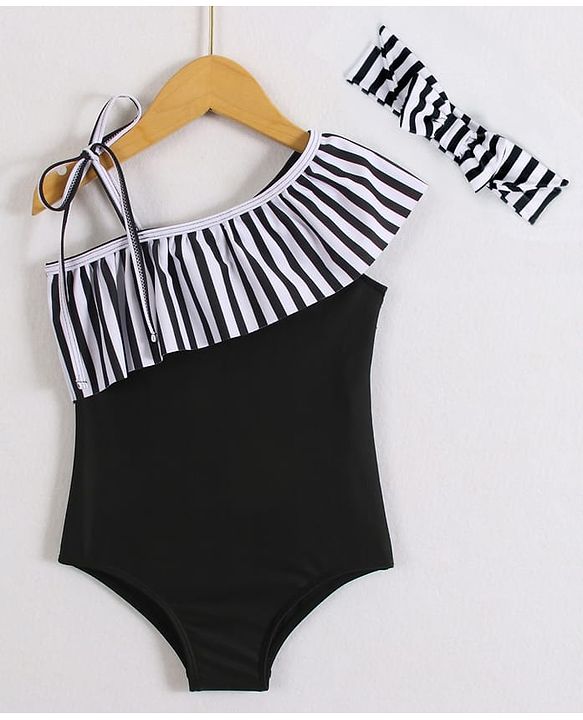Babyhug Sleeveless V Cut Striped Swimsuit with Headband - Black