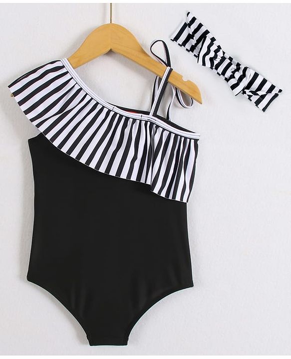 Babyhug Sleeveless V Cut Striped Swimsuit with Headband - Black
