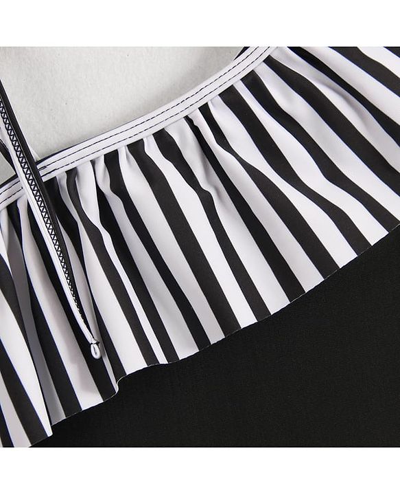 Babyhug Sleeveless V Cut Striped Swimsuit with Headband - Black