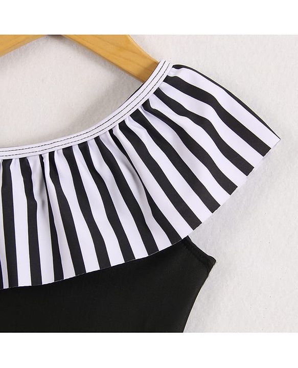 Babyhug Sleeveless V Cut Striped Swimsuit with Headband - Black