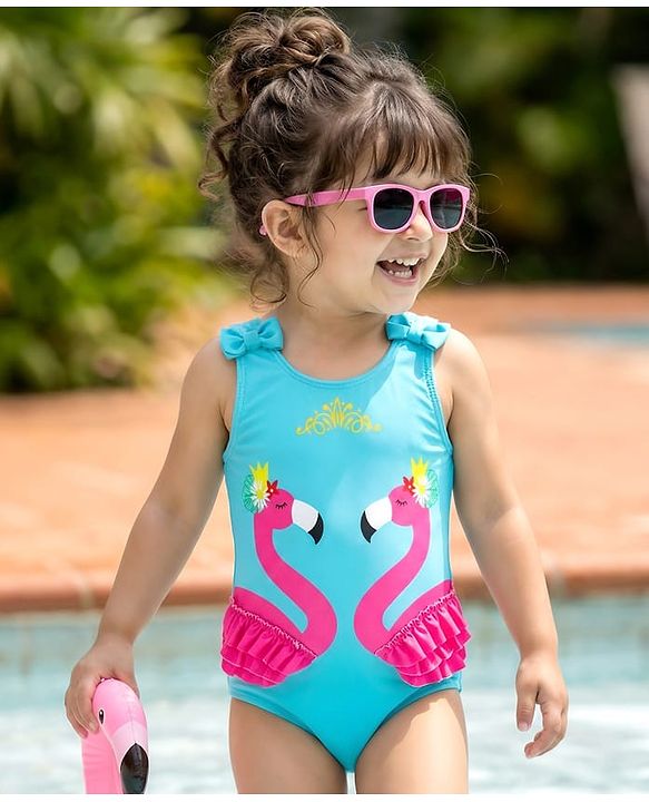 Babyhug Sleeveless V Cut Swimsuit Flamingo Print and Bow Detailing - Blue