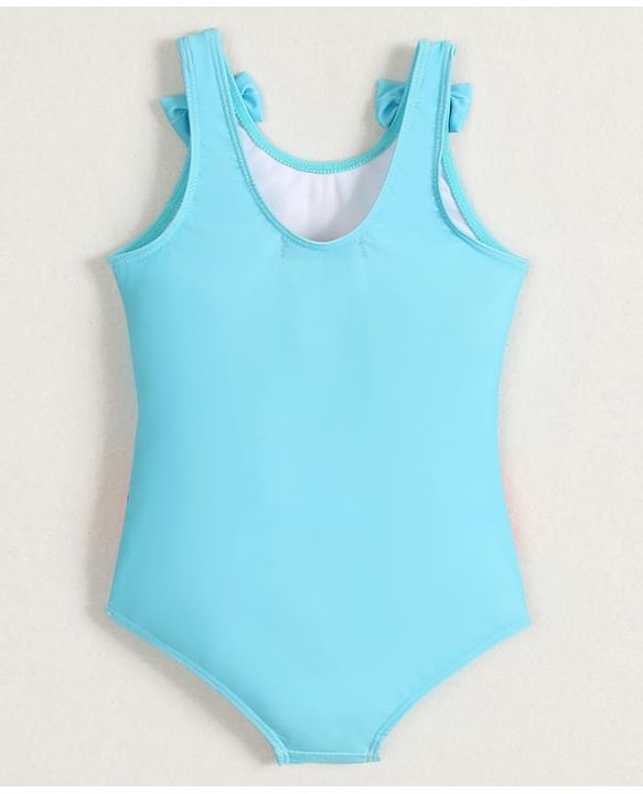 Babyhug Sleeveless V Cut Swimsuit Flamingo Print and Bow Detailing - Blue
