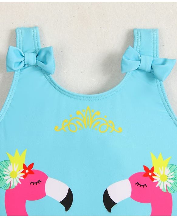 Babyhug Sleeveless V Cut Swimsuit Flamingo Print and Bow Detailing - Blue