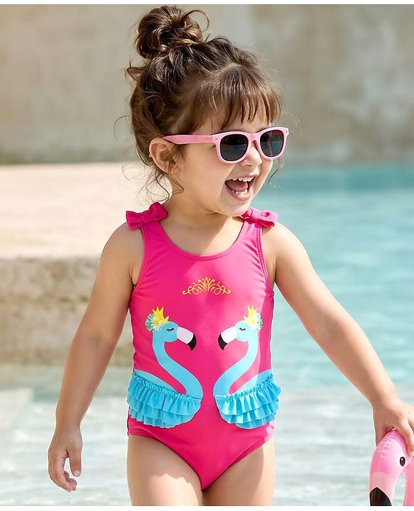Babyhug Sleeveless V Cut Swimsuit Flamingo Print and Bow Detailing - Fuschia