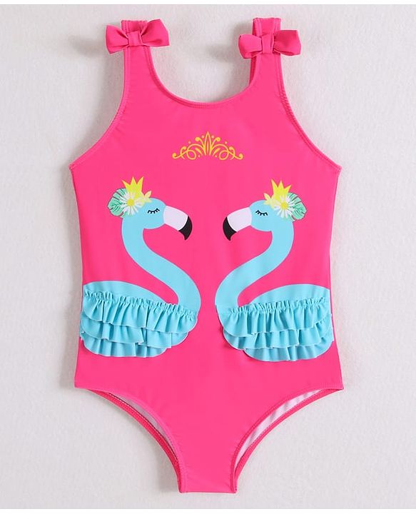 Babyhug Sleeveless V Cut Swimsuit Flamingo Print and Bow Detailing - Fuschia