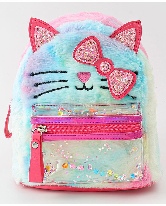 Babyhug Fashion Backpacks With Kitty Detailing - Light Blue & Pink