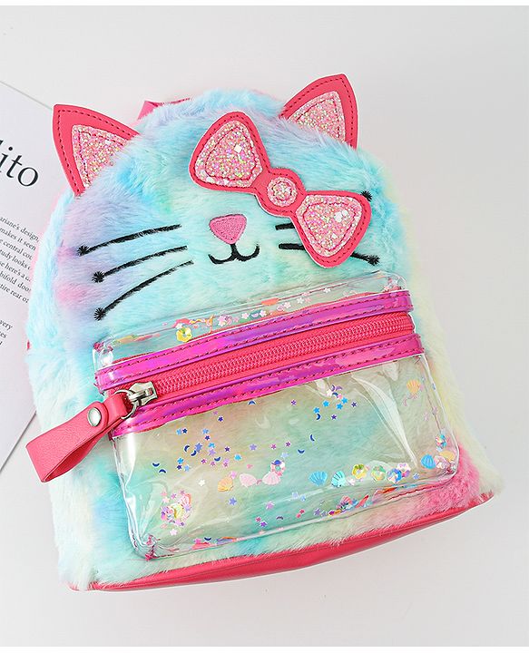 Babyhug Fashion Backpacks With Kitty Detailing - Light Blue & Pink