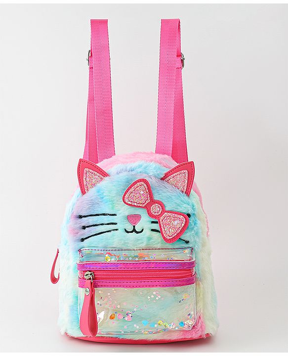 Babyhug Fashion Backpacks With Kitty Detailing - Light Blue & Pink