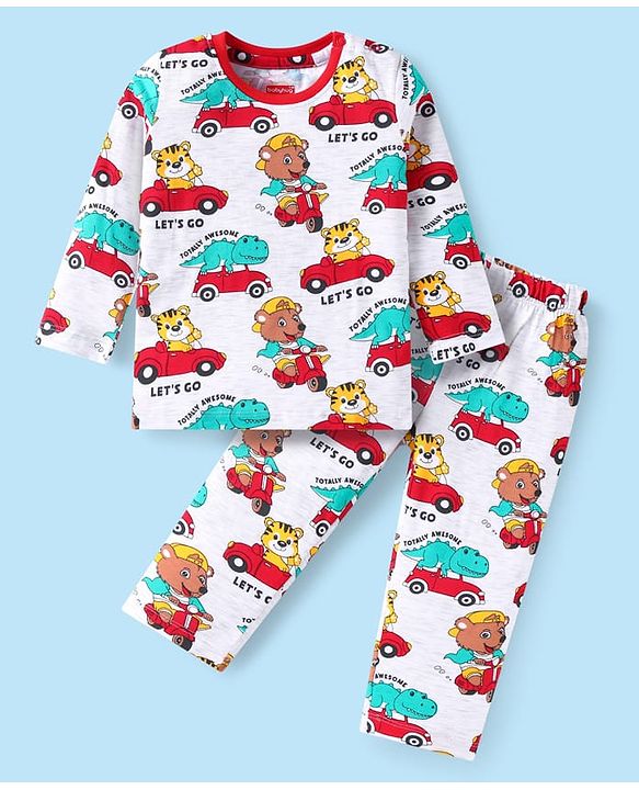 Babyhug Cotton Knit Full Sleeves Night Suit with Animal Print - Offwhite