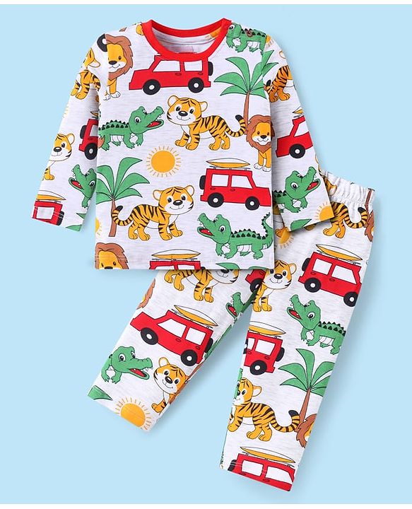 Babyhug Cotton Knit Full Sleeves Night Suit with Animal Print - Offwhite