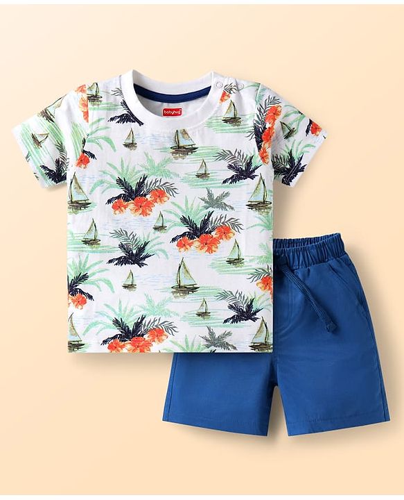 Babyhug Single Jersey Knit Half Sleeves T-Shirt & Shorts Set with Beach Theme Print -  Blue