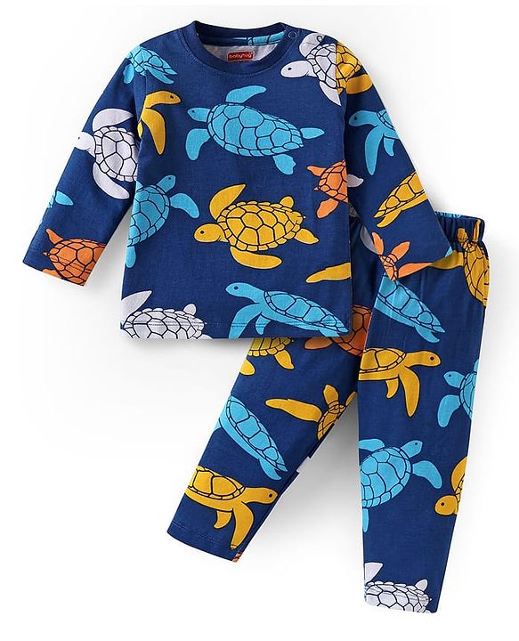 Babyhug Cotton Knit Full Sleeves Night Suit With Turtle Print - Navy Blue