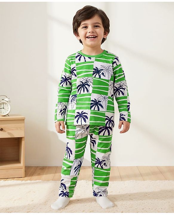 Babyhug Cotton Knit Full Sleeves Night Suit with Coconut Tree Print - Green & White