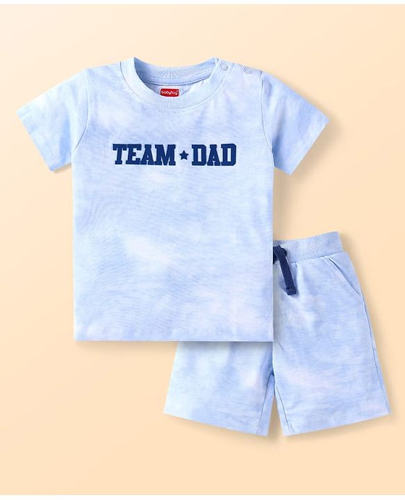 Babyhug Single Jersey Knit Half Sleeves T-Shirt & Shorts Set with Team Dad Text Print - White & Light Blue