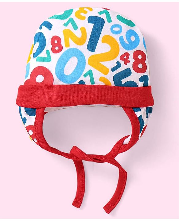Babyhug 100% Cotton Knit Tie Knot Cap with Number Print Red - Diameter 15 cm