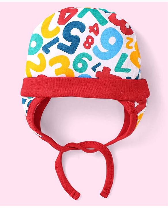Babyhug 100% Cotton Knit Tie Knot Cap with Number Print Red - Diameter 17 cm