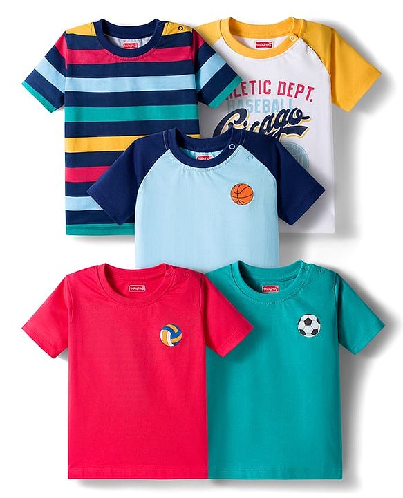 Babyhug Cotton Knit Half Raglan Sleeves T-Shirts with Sports Print & Stripes Pack of 5 - Multicolor