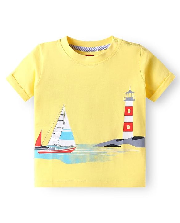 Babyhug Single Jersey Knit Half Sleeves T-Shirt & Shorts Set with Beach Theme Print - Yellow