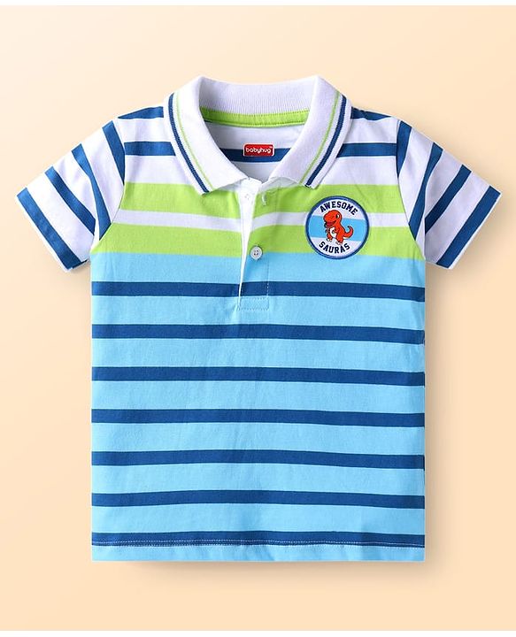 Babyhug Single Jersey Knit Half Sleeves Polo T-Shirt & Shorts Set with Stripes & Patch - Blue
