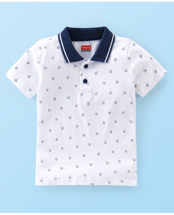 Babyhug Single Jersey Knit Half Sleeves Boat Printed T-Shirt & Shorts Set - White & Blue