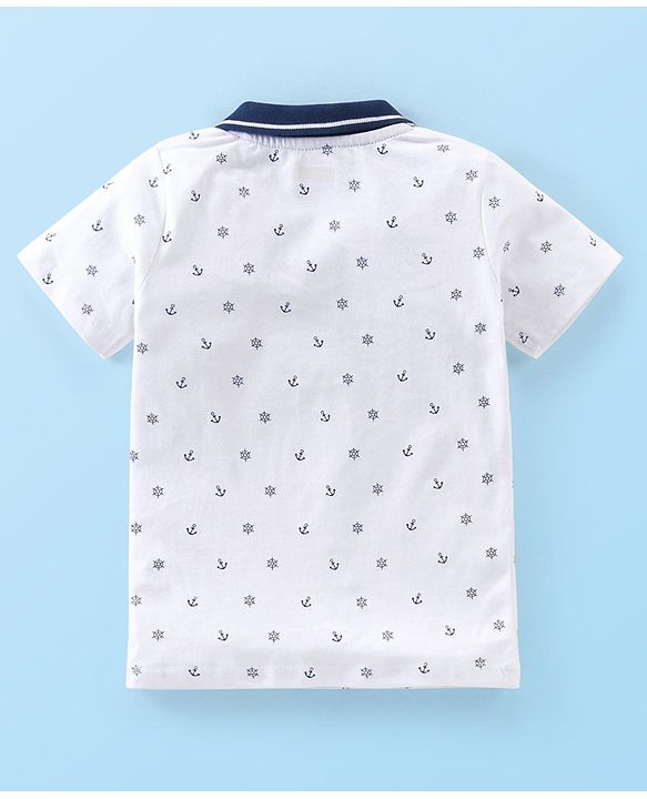 Babyhug Single Jersey Knit Half Sleeves Boat Printed T-Shirt & Shorts Set - White & Blue