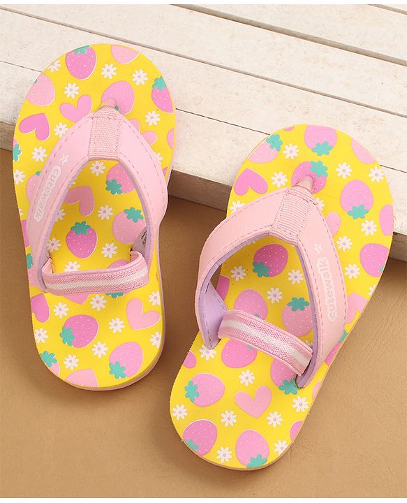 Cute Walk by Babyhug Flip Flops with Back Strap Closure & Strawberry Print - Yellow & Pink