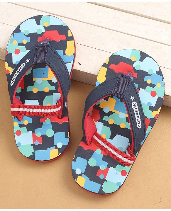 Cute Walk by Babyhug Flip Flops with Back Strap Closure & Cars Print - Navy Blue
