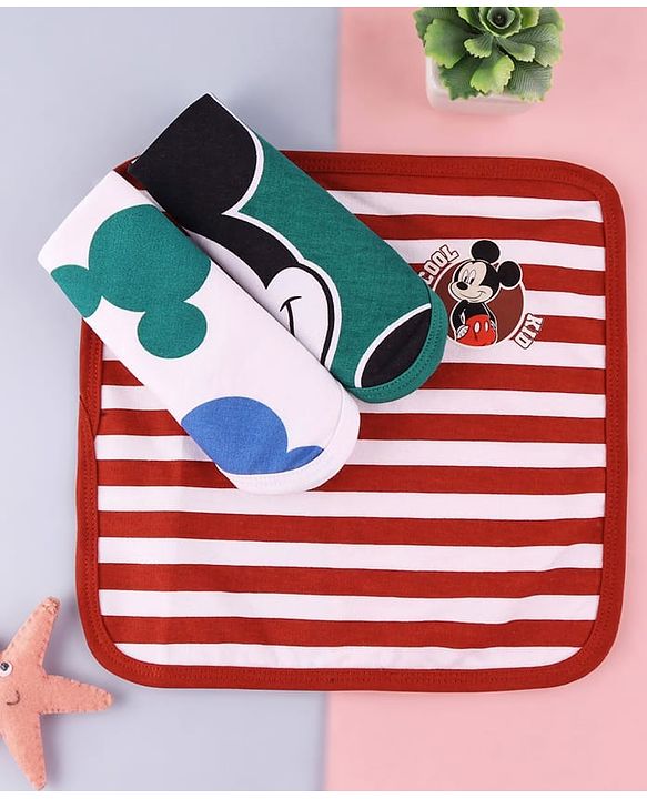 Babyhug Disney Interlock Knit Wash Cloths with Mickey Mouse Graphics & Stripes Pack of 3 L 29 cm X B 29 cm - Green White & Red