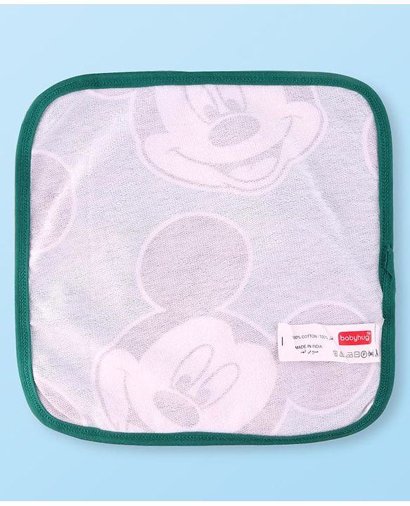 Babyhug Disney Interlock Knit Wash Cloths with Mickey Mouse Graphics & Stripes Pack of 3 L 29 cm X B 29 cm - Green White & Red