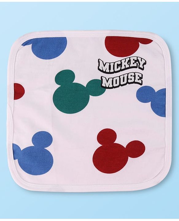 Babyhug Disney Interlock Knit Wash Cloths with Mickey Mouse Graphics & Stripes Pack of 3 L 29 cm X B 29 cm - Green White & Red