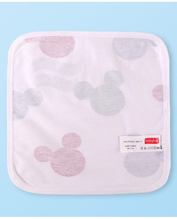 Babyhug Disney Interlock Knit Wash Cloths with Mickey Mouse Graphics & Stripes Pack of 3 L 29 cm X B 29 cm - Green White & Red