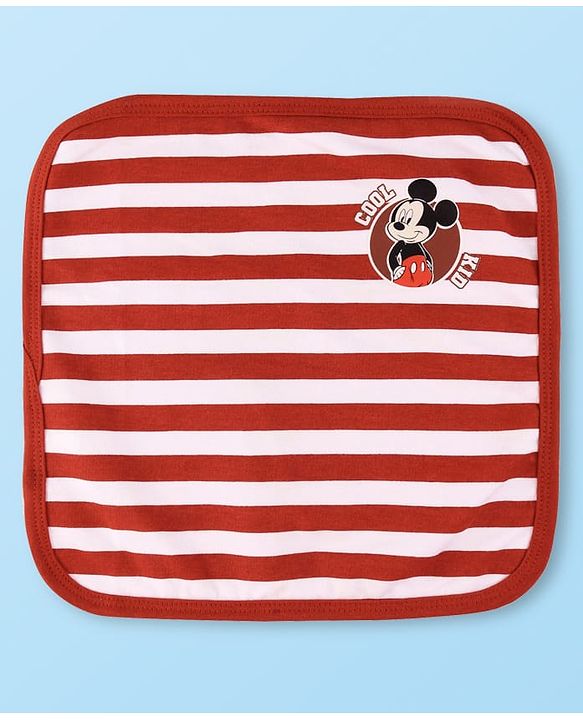 Babyhug Disney Interlock Knit Wash Cloths with Mickey Mouse Graphics & Stripes Pack of 3 L 29 cm X B 29 cm - Green White & Red