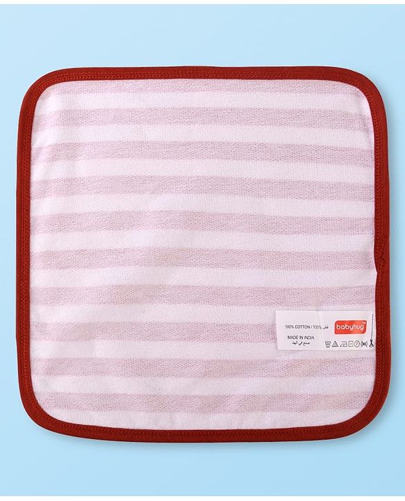 Babyhug Disney Interlock Knit Wash Cloths with Mickey Mouse Graphics & Stripes Pack of 3 L 29 cm X B 29 cm - Green White & Red